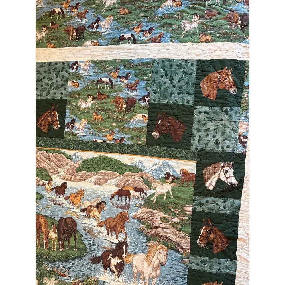 Handmade Horse patchwork Large Quilt stitched embroidered cottage blanket 55x79”
